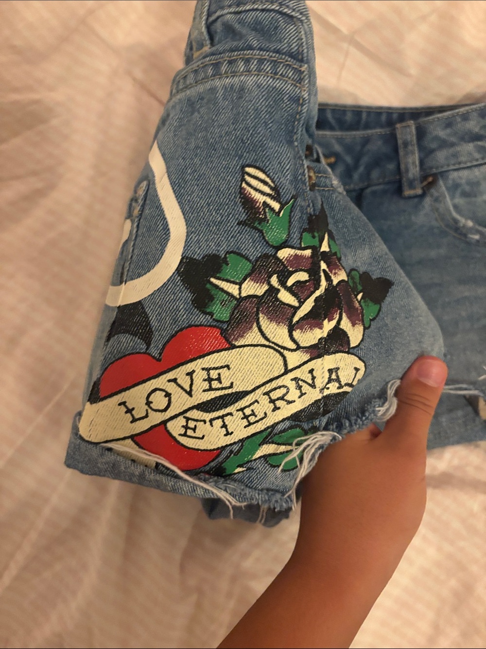 Ed Hardy Blue Denim Shorts with White Logo and Colorful Patch - Picture 6 of 6